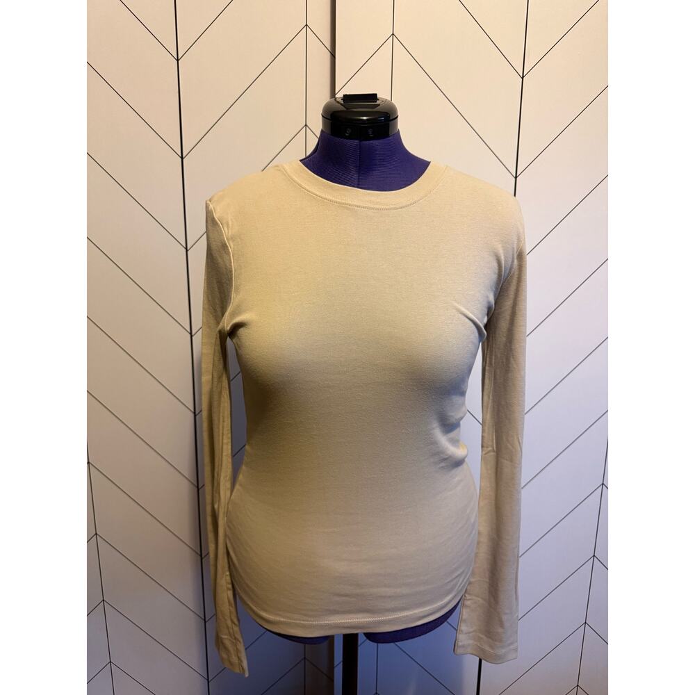 TopShop Women’s Large Basic Tan Long Sleeve Crew Neck Cotton Shirt Top Classic